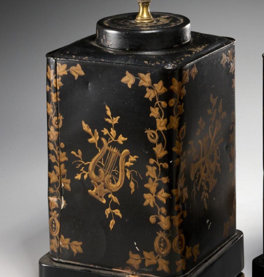 Victorian Antique Pair of English Black and Gold Tole Tea Canisters Adapted to Table Lamps For Sale