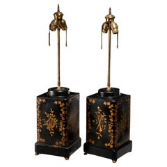 Antique Pair of English Black and Gold Tole Tea Canisters Adapted to Table Lamps