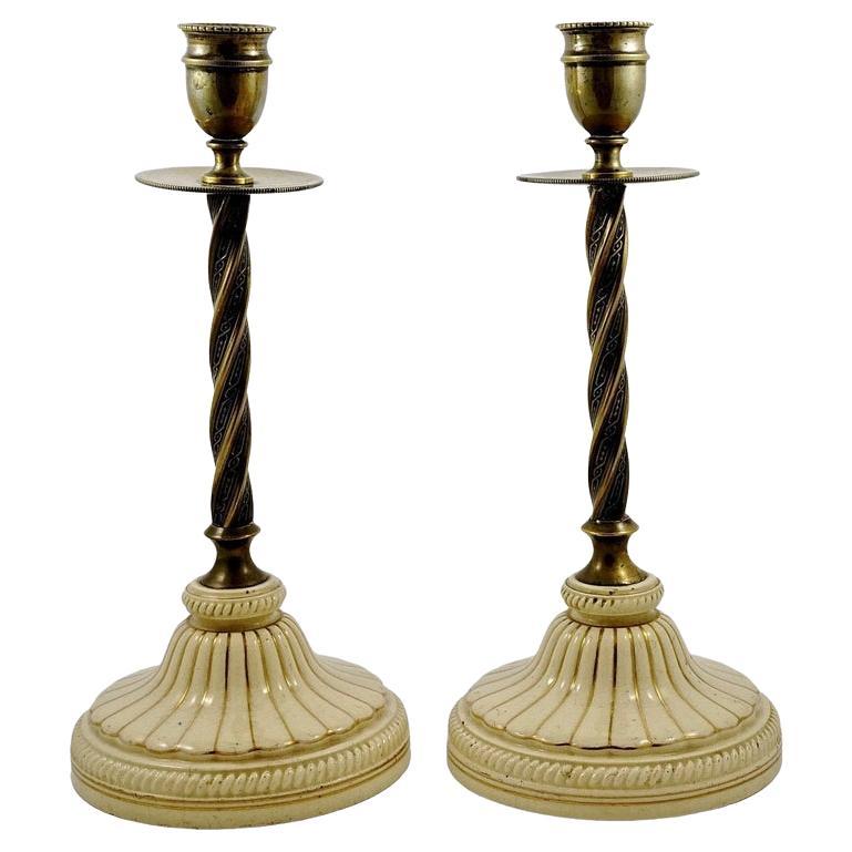 Antique Pair of English Brass and Porcelain Candlesticks Victorian, 1870 For Sale
