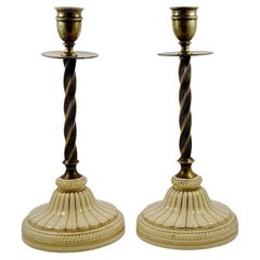 Antique Pair of English Brass and Porcelain Candlesticks Victorian, 1870