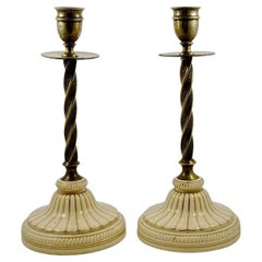 Antique Pair of English Brass and Porcelain Candlesticks Victorian 1870