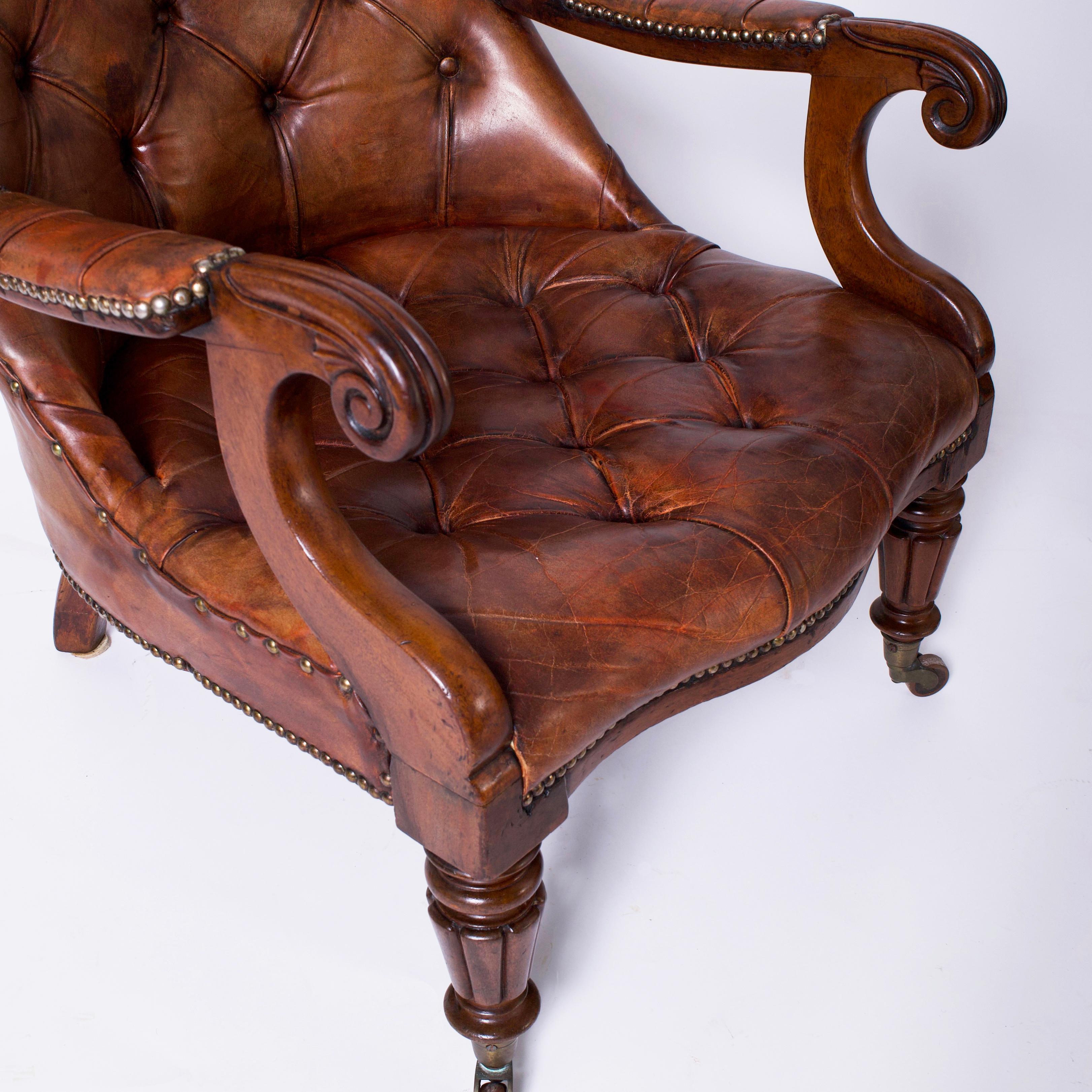 Antique Pair of English Button Tufted Leather Armchairs For Sale at 1stDibs