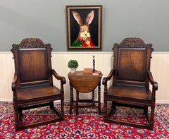 Antique Pair of English Carved Oak Wainscot Highbacked Armchairs c. 1900-1920