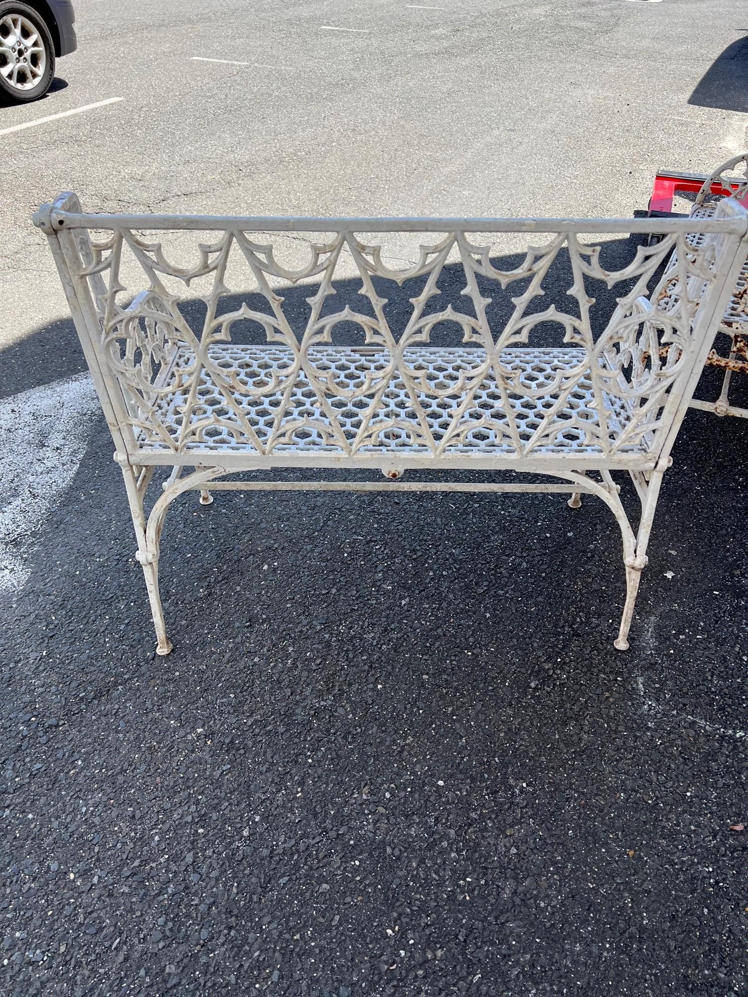 Antique Pair of English Coalbrookdale Style Iron Gothic Revival Garden Benches For Sale 8