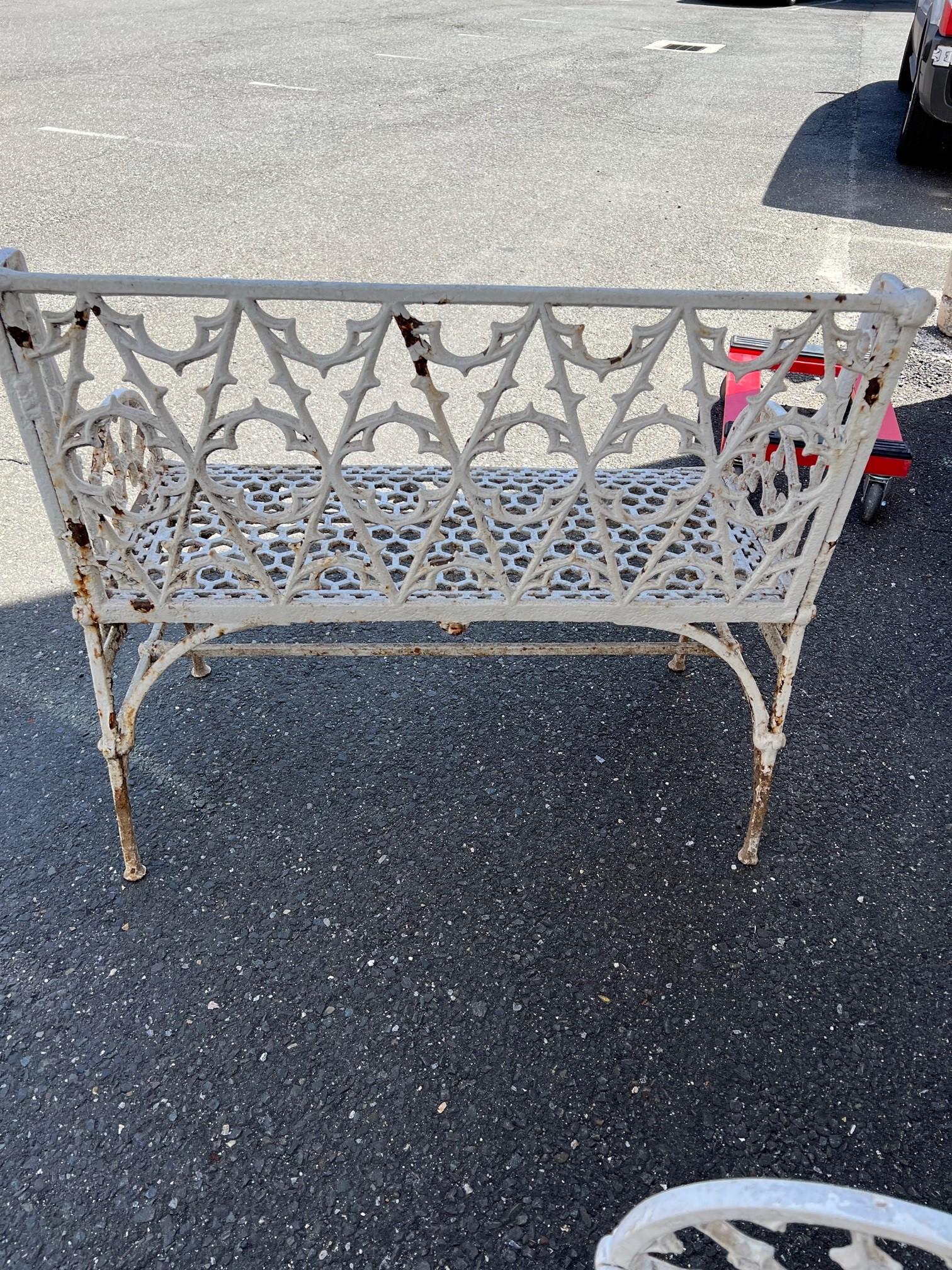 Antique Pair of English Coalbrookdale Style Iron Gothic Revival Garden Benches For Sale 9