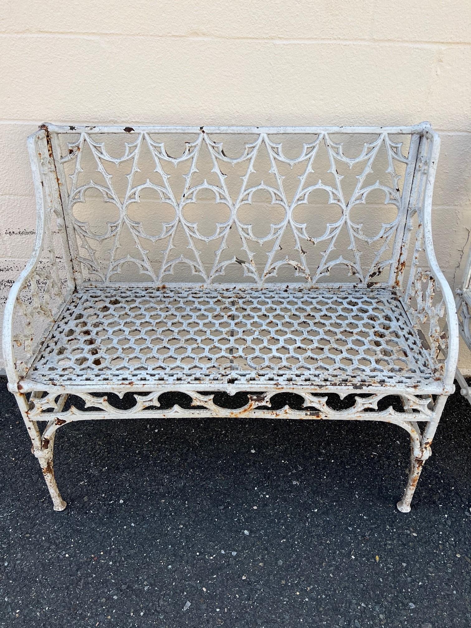 Antique Pair of English Coalbrookdale Style Iron Gothic Revival Garden Benches In Good Condition For Sale In Stamford, CT