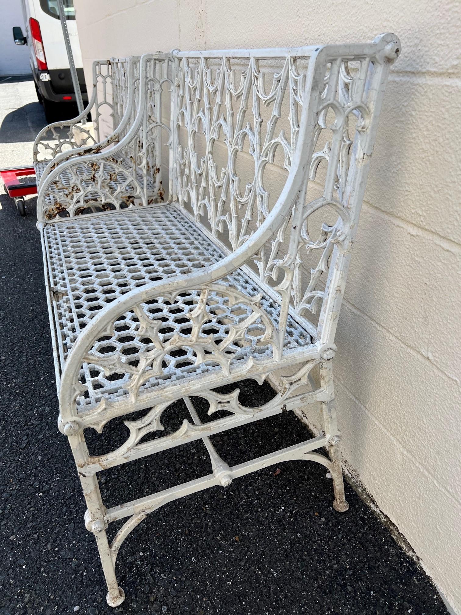 Antique Pair of English Coalbrookdale Style Iron Gothic Revival Garden Benches For Sale 2