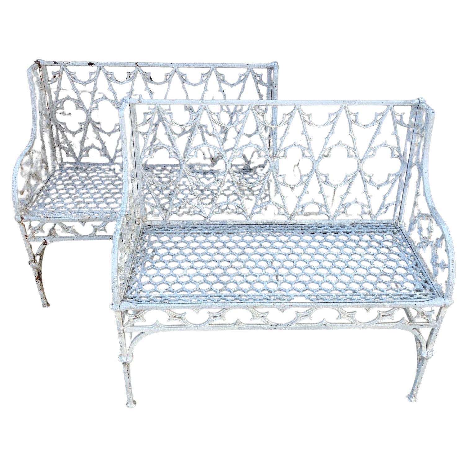 Antique Pair of English Coalbrookdale Style Iron Gothic Revival Garden Benches For Sale