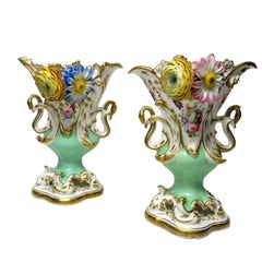 Antique Pair of English Coalport Coalbrookdale Flower Encrusted Gilt Vases Urns