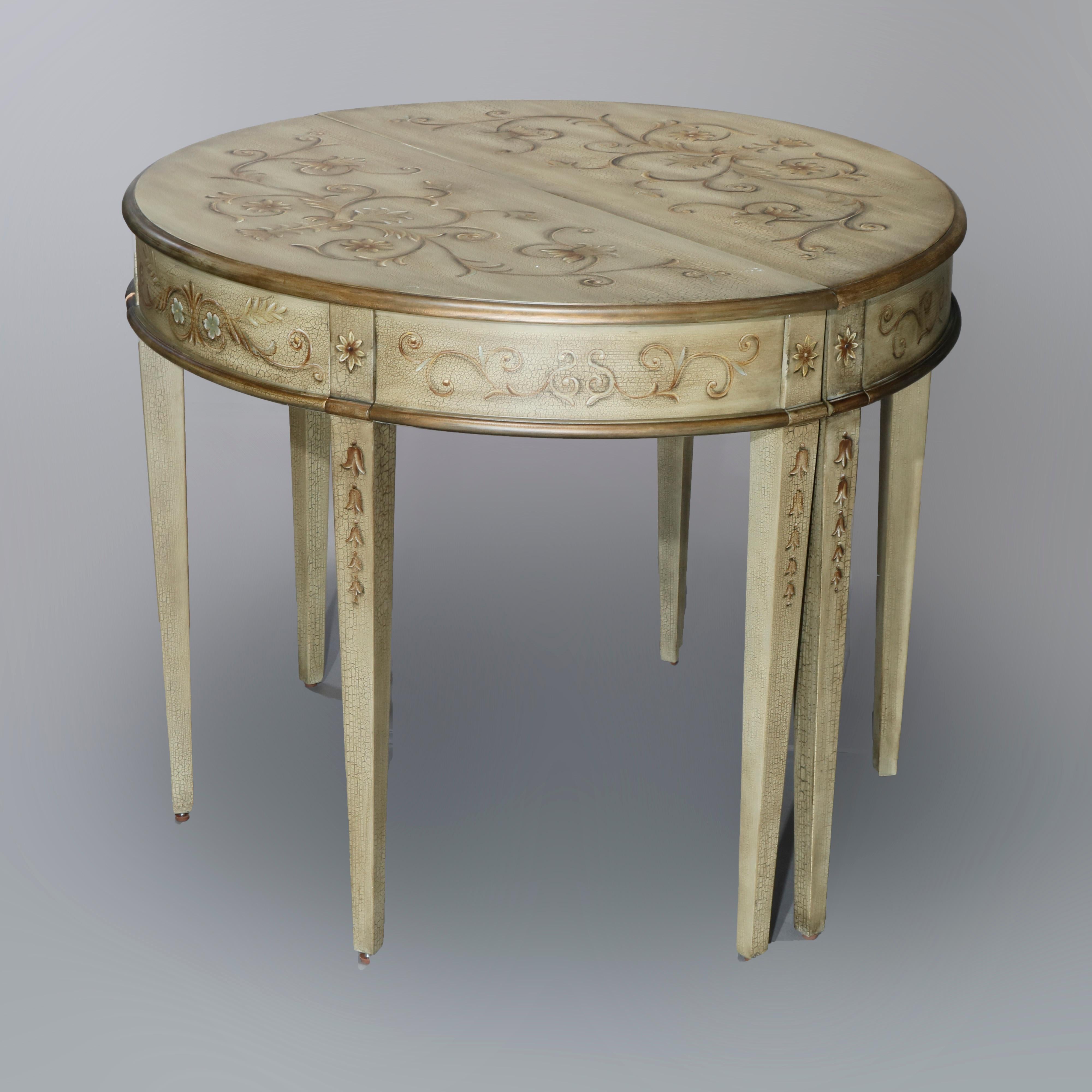 An antique matching set of English paint decorated console tables offer demilune form with scroll, floral, and foliate designs, raised on square tapered legs having inverted bellflowers, gilt highlights throughout, 20th century

Measures: 31