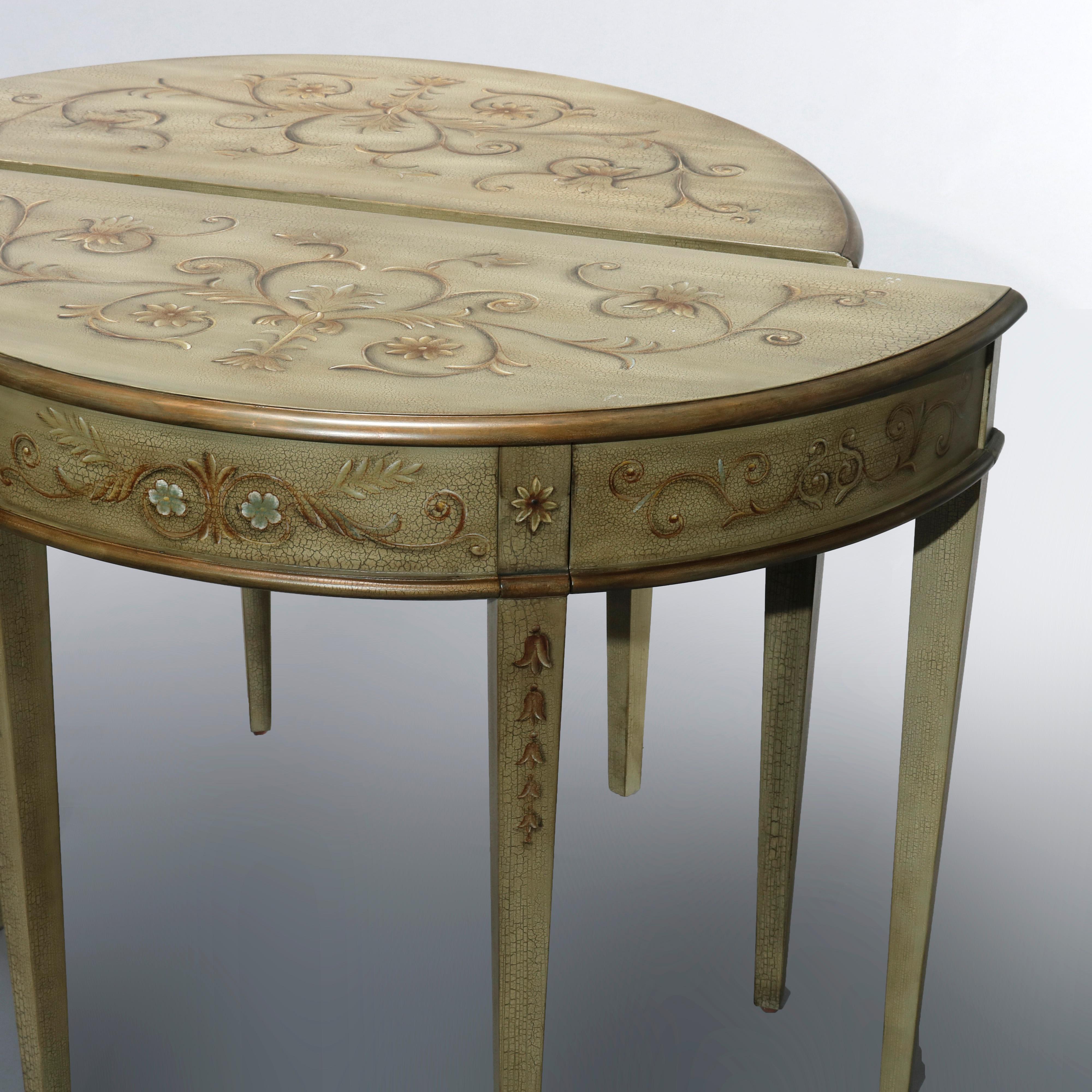 Antique Pair of English Decorated Demilune Console Tables, 20th Century In Good Condition In Big Flats, NY