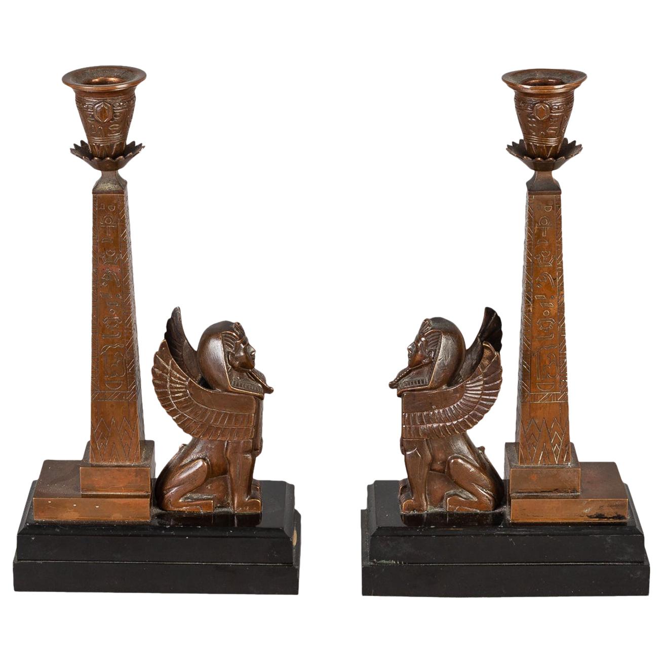 Antique Pair of English Egyptian Revival Candlesticks For Sale
