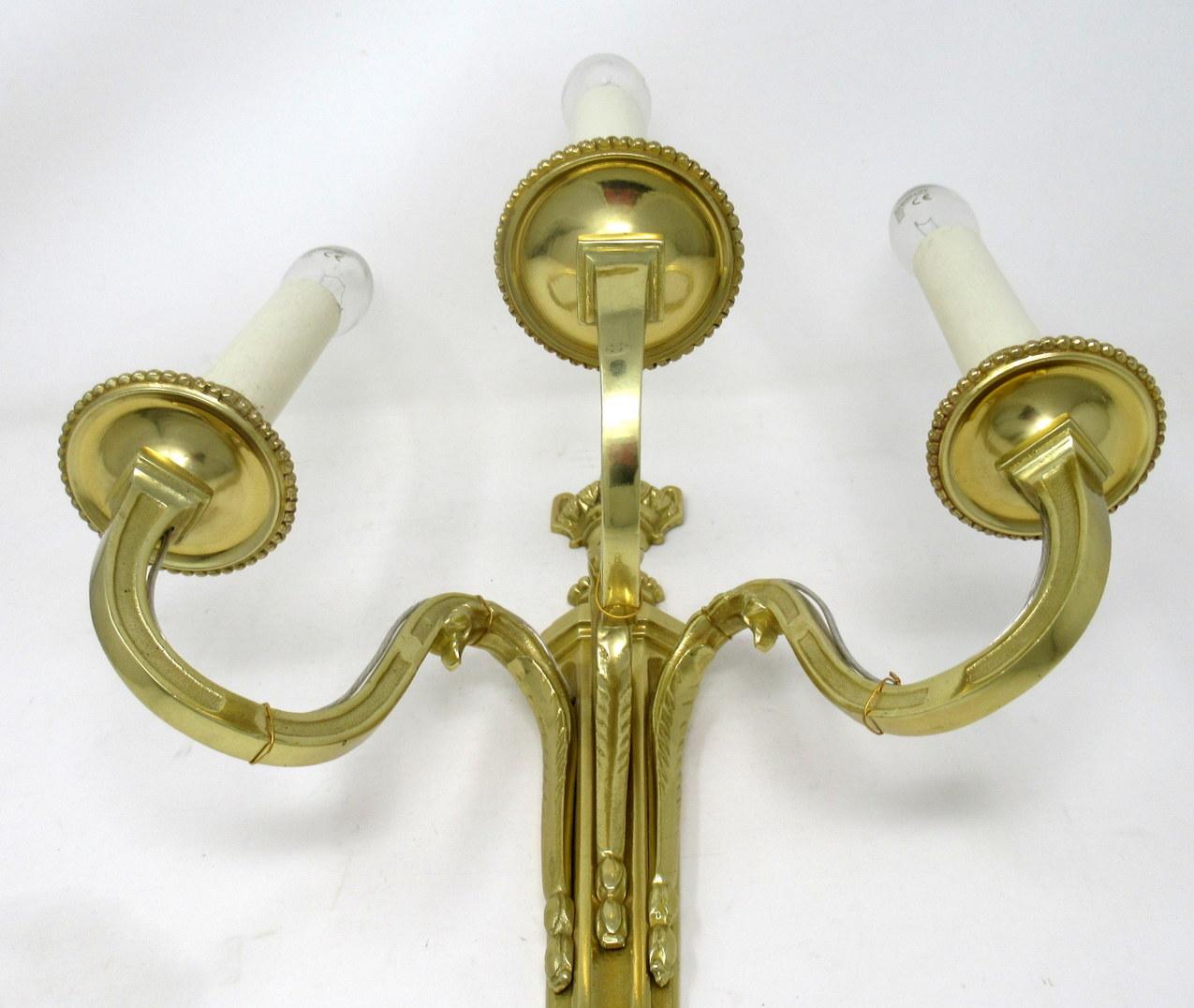 Cast Antique Pair of English Gilt Bronze Three Light Wall Candle Sconces 19th Century
