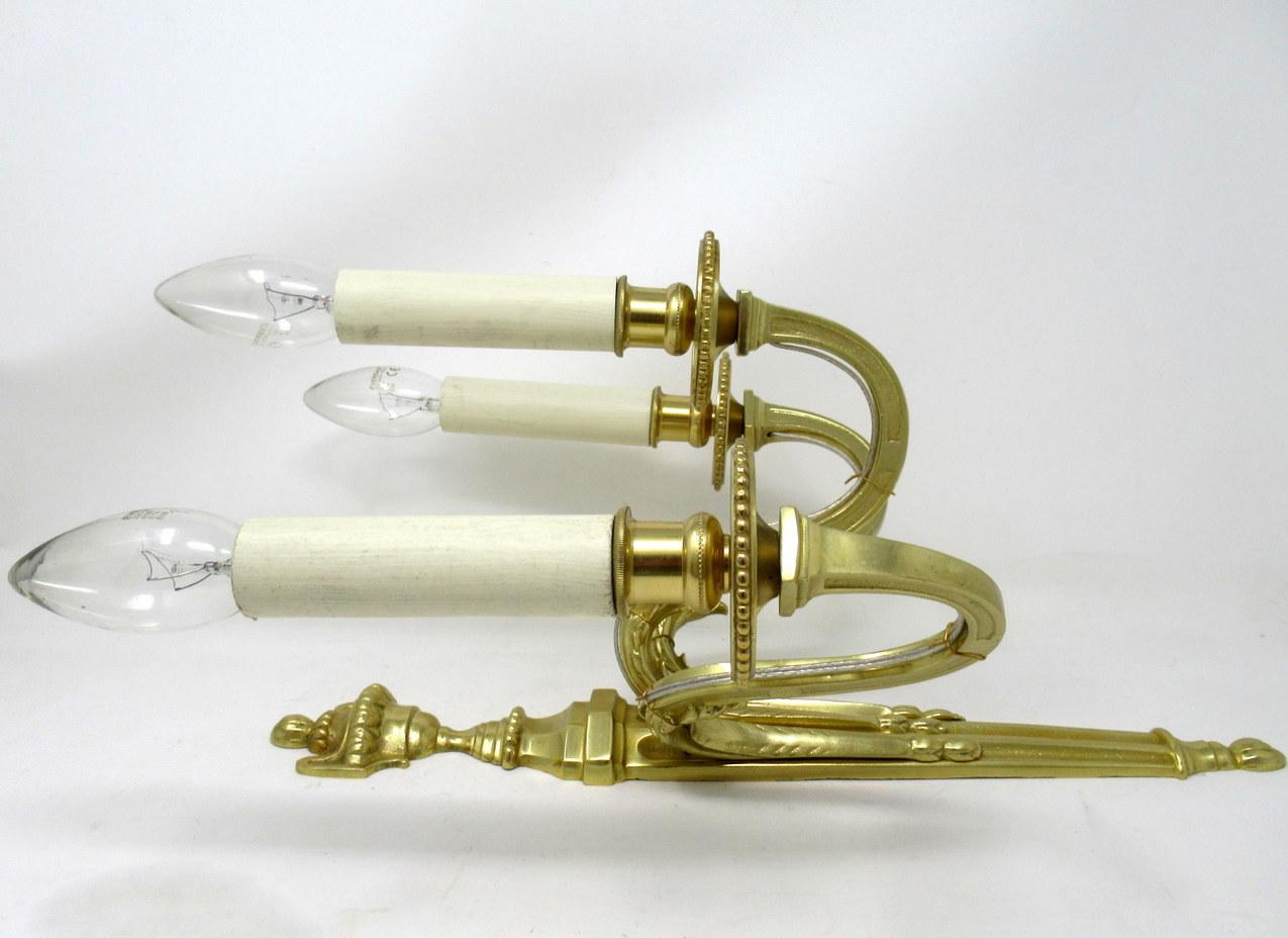 Antique Pair of English Gilt Bronze Three Light Wall Candle Sconces 19th Century In Good Condition In Dublin, Ireland