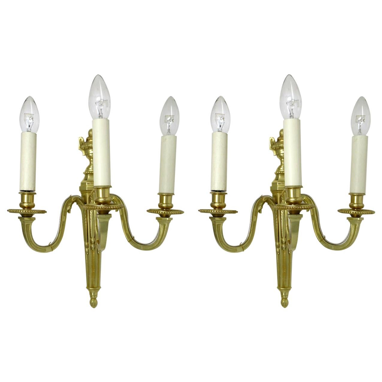 Antique Pair of English Gilt Bronze Three Light Wall Candle Sconces 19th Century