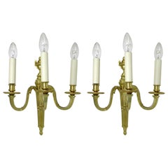 Antique Pair of English Gilt Bronze Three Light Wall Candle Sconces 19th Century