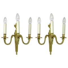 Antique Pair of English Gilt Bronze Three Light Wall Candle Sconces 19th Century