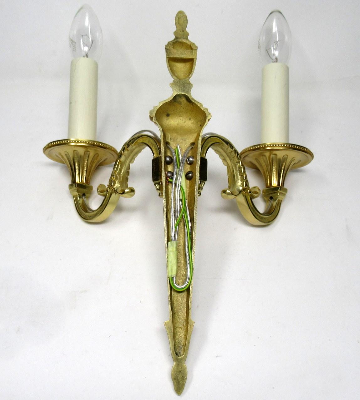 Edwardian Antique Pair of English Gilt Bronze Twin Light Wall Candle Sconces, 19th Century