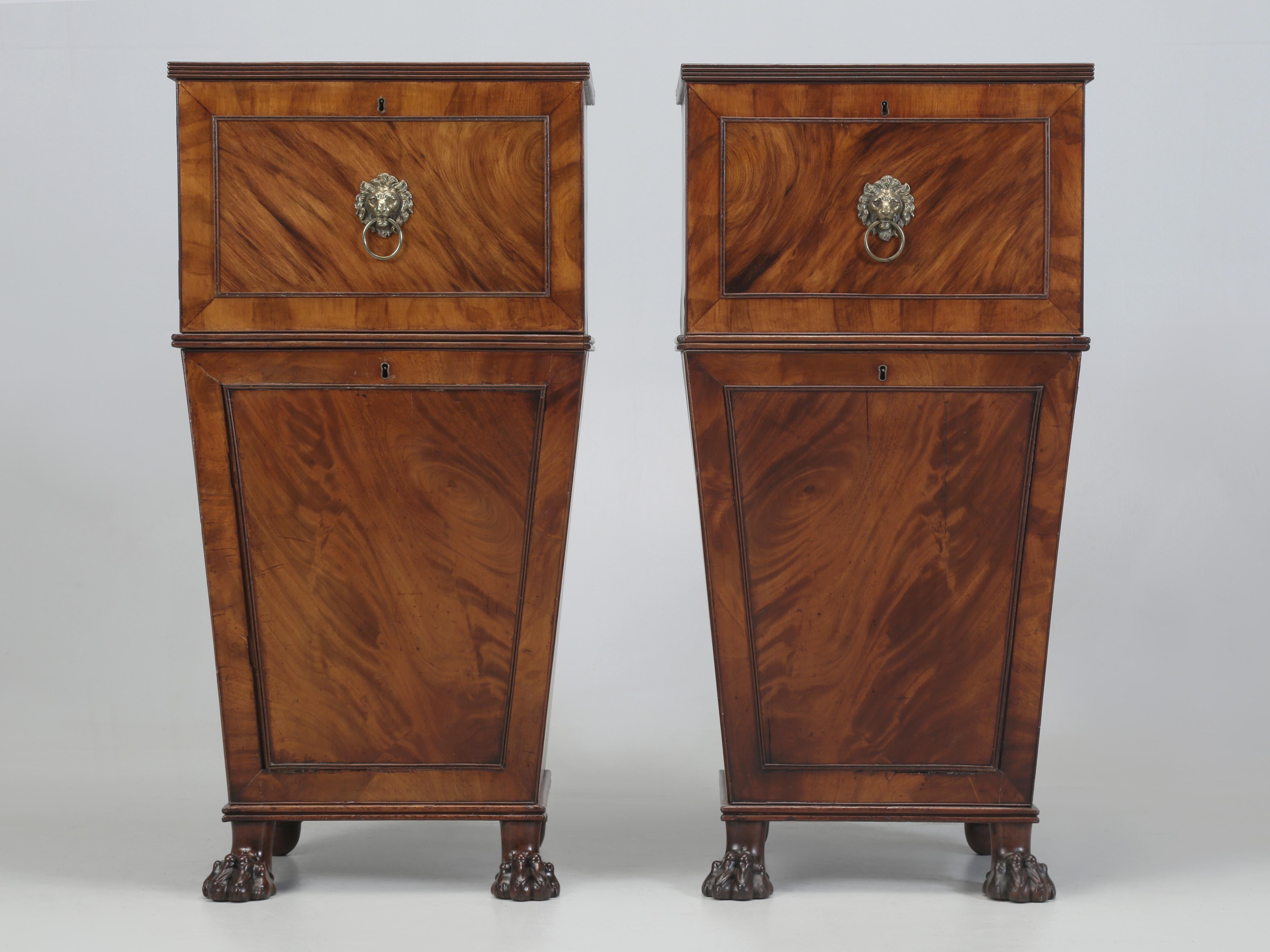 Antique pair of Cellarettes or Liquor Cabinets imported from England, that were generally custom made wooden chests intended to transport or store a small number of alcoholic beverages. Made of finer woods, like mahogany or rosewood and in numerous