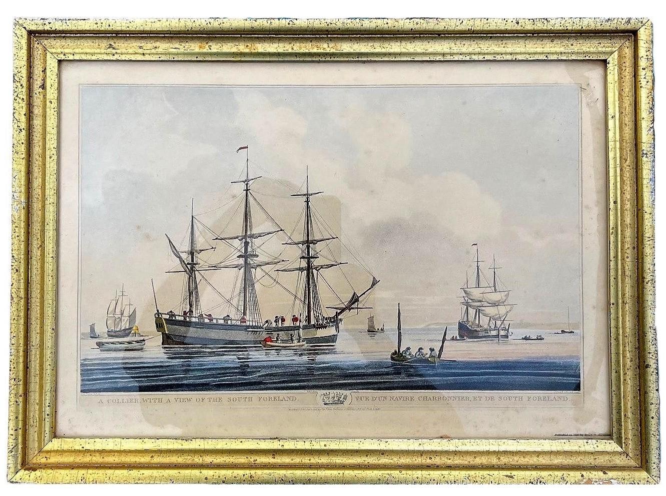 Antique Pair of English Maritime Colored Etchings 1806. For Sale 4