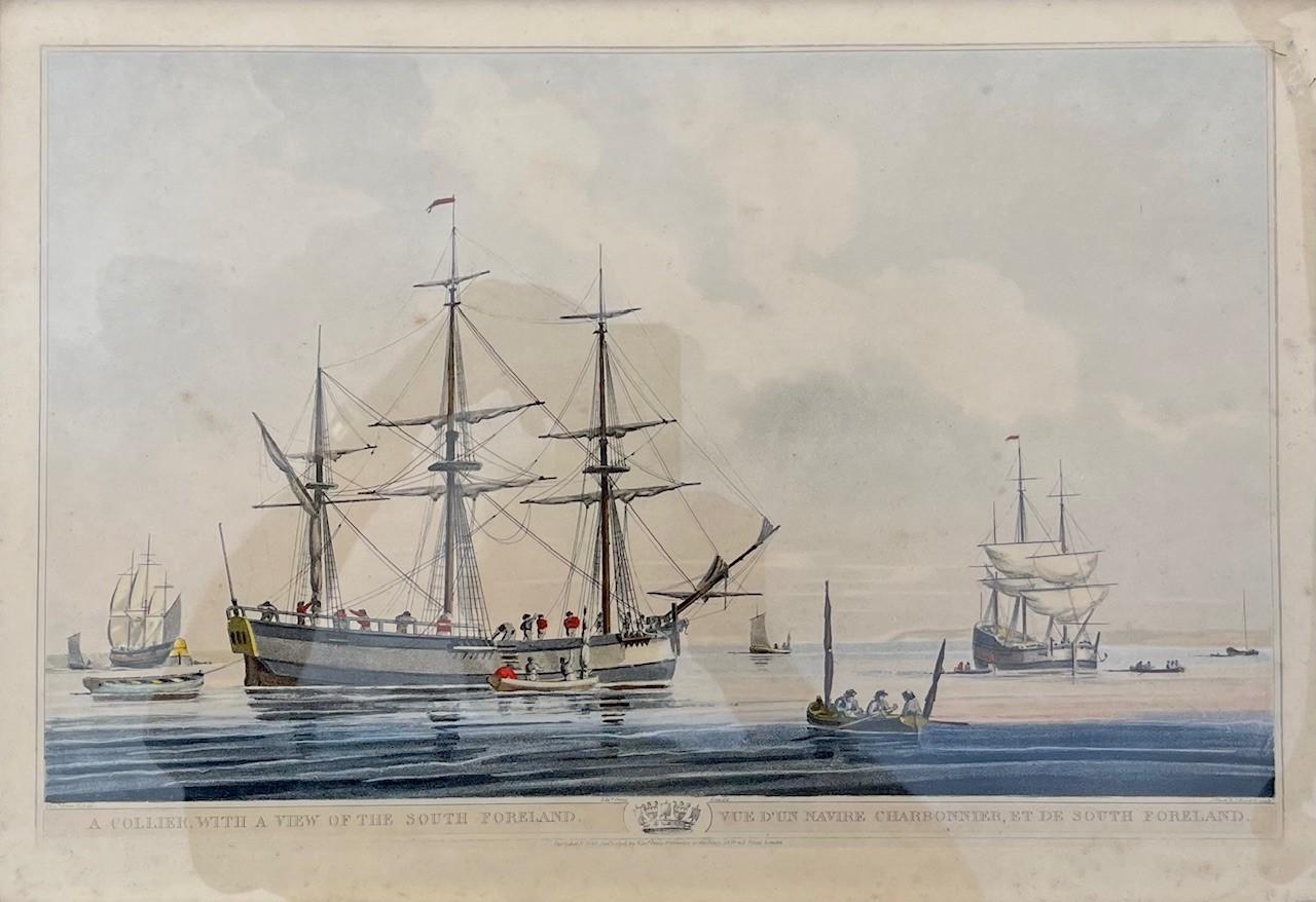 Antique Pair of English Maritime Colored Etchings 1806. For Sale 5