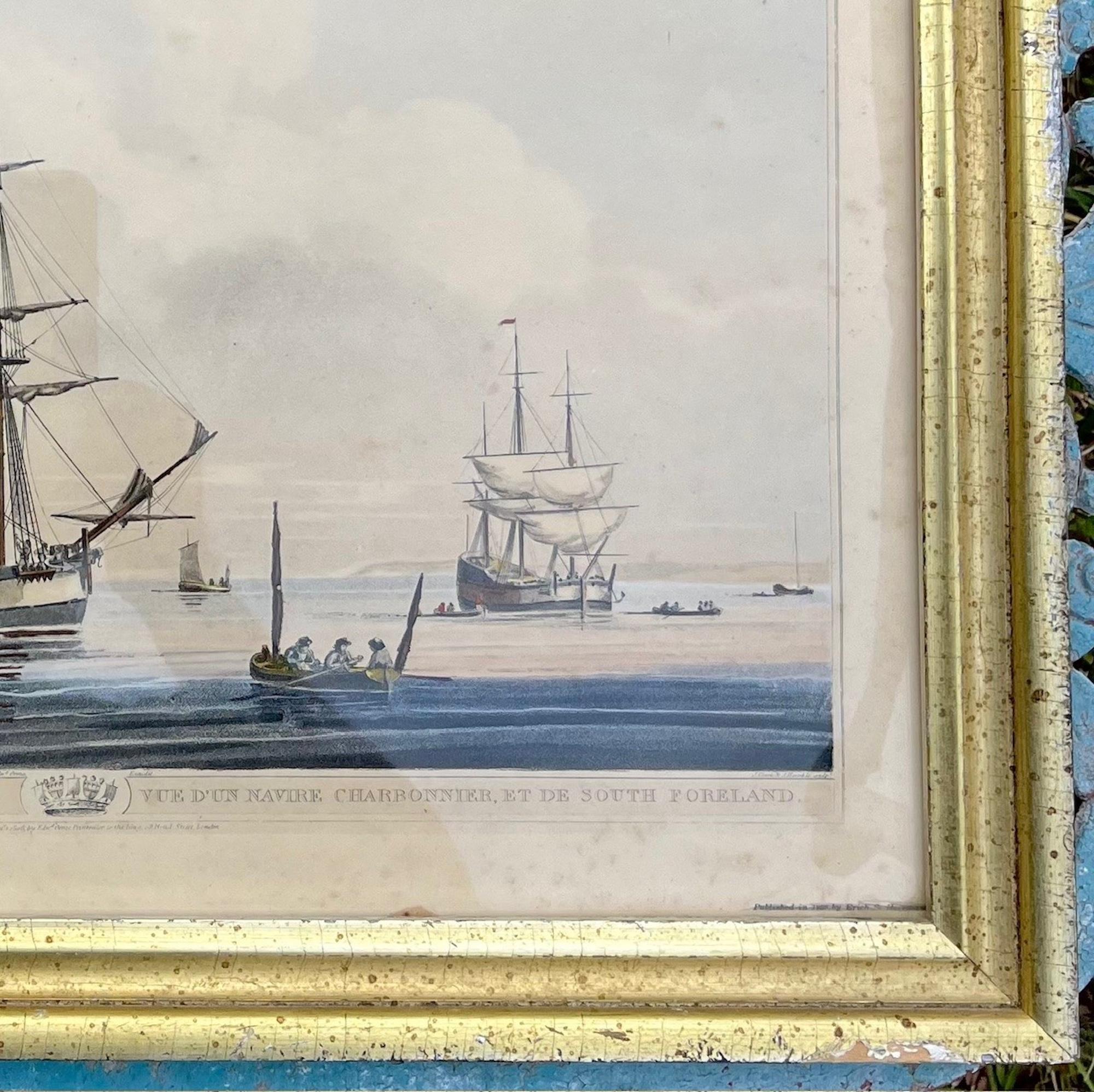 Antique Pair of English Maritime Colored Etchings 1806. For Sale 7