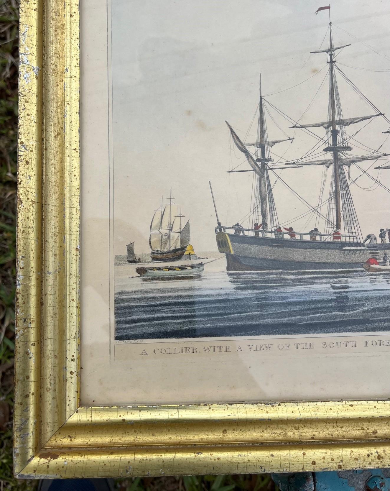 Antique Pair of English Maritime Colored Etchings 1806. For Sale 8