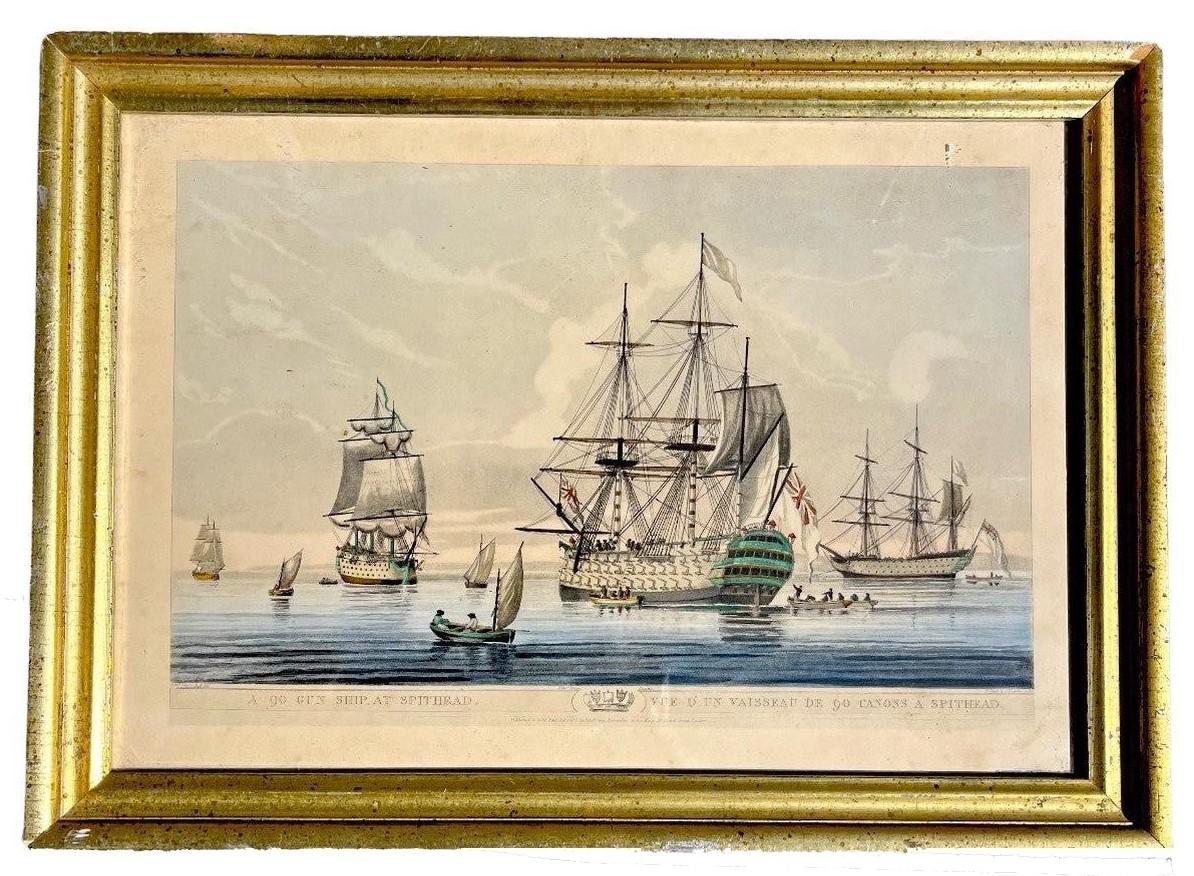 Antique Pair of English Maritime Colored Etchings 1806.

English hand-colored etchings of a 90 Gun Ship at Spithead and a Collier with a view of the South Foreland. The etchings were published in 1806 by Edward Orme, 59 Bond Street, London. Titles