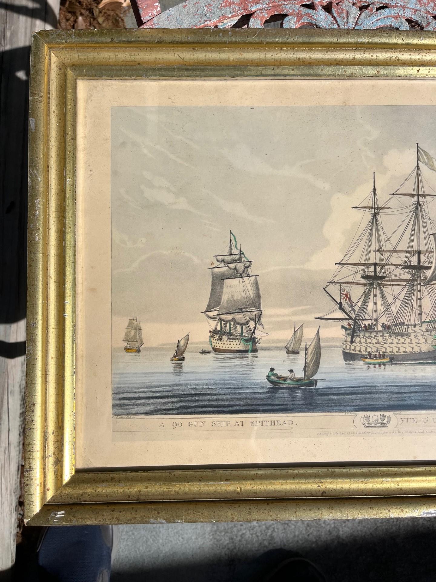 Etched Antique Pair of English Maritime Colored Etchings 1806. For Sale