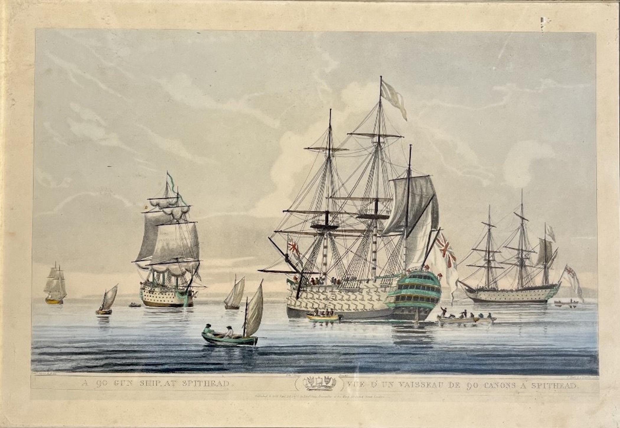 Antique Pair of English Maritime Colored Etchings 1806. For Sale 2