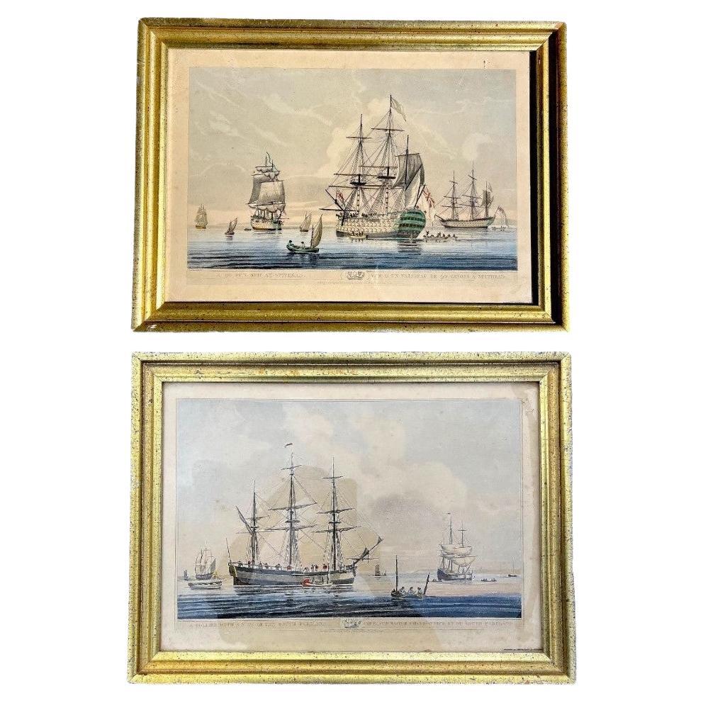 Antique Pair of English Maritime Colored Etchings 1806. For Sale