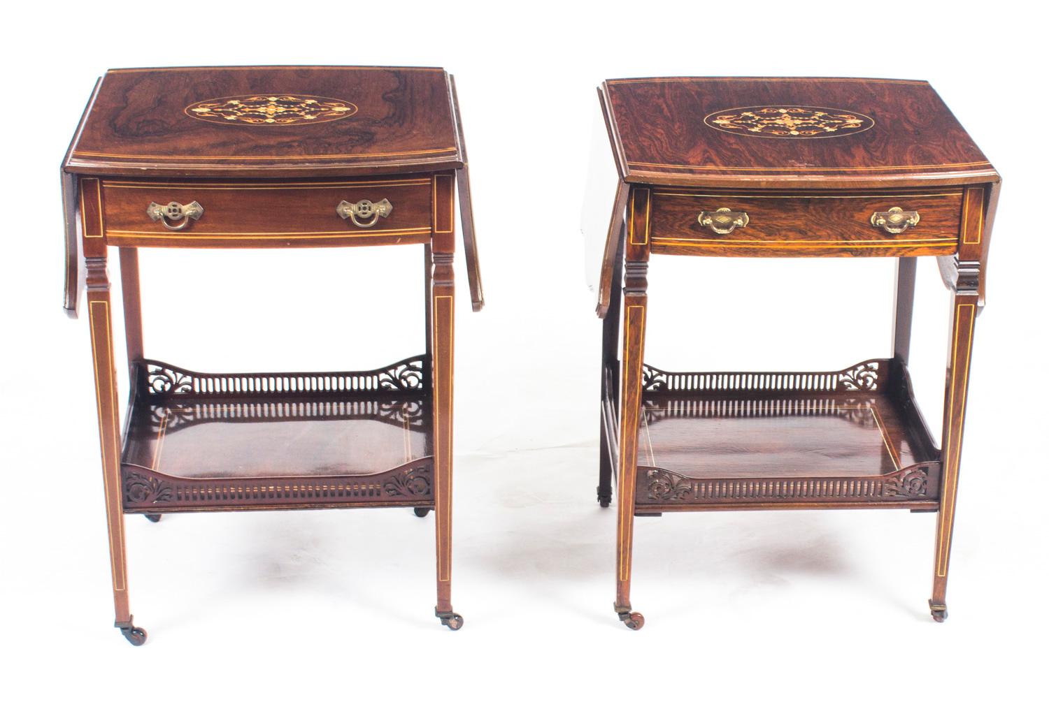 Edwardian Antique Pair of English Marquetry Inlaid Occasional Bedside Tables, 19th Century