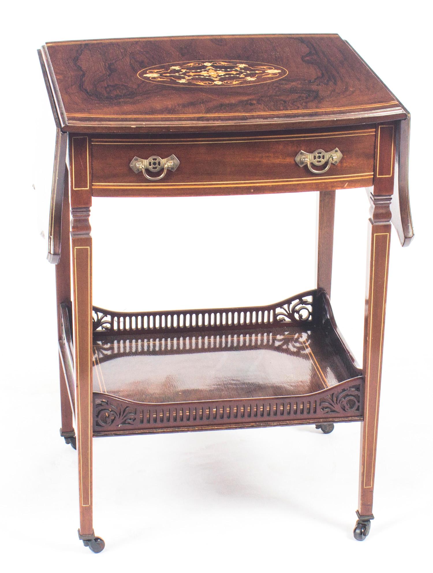 Late 19th Century Antique Pair of English Marquetry Inlaid Occasional Bedside Tables, 19th Century