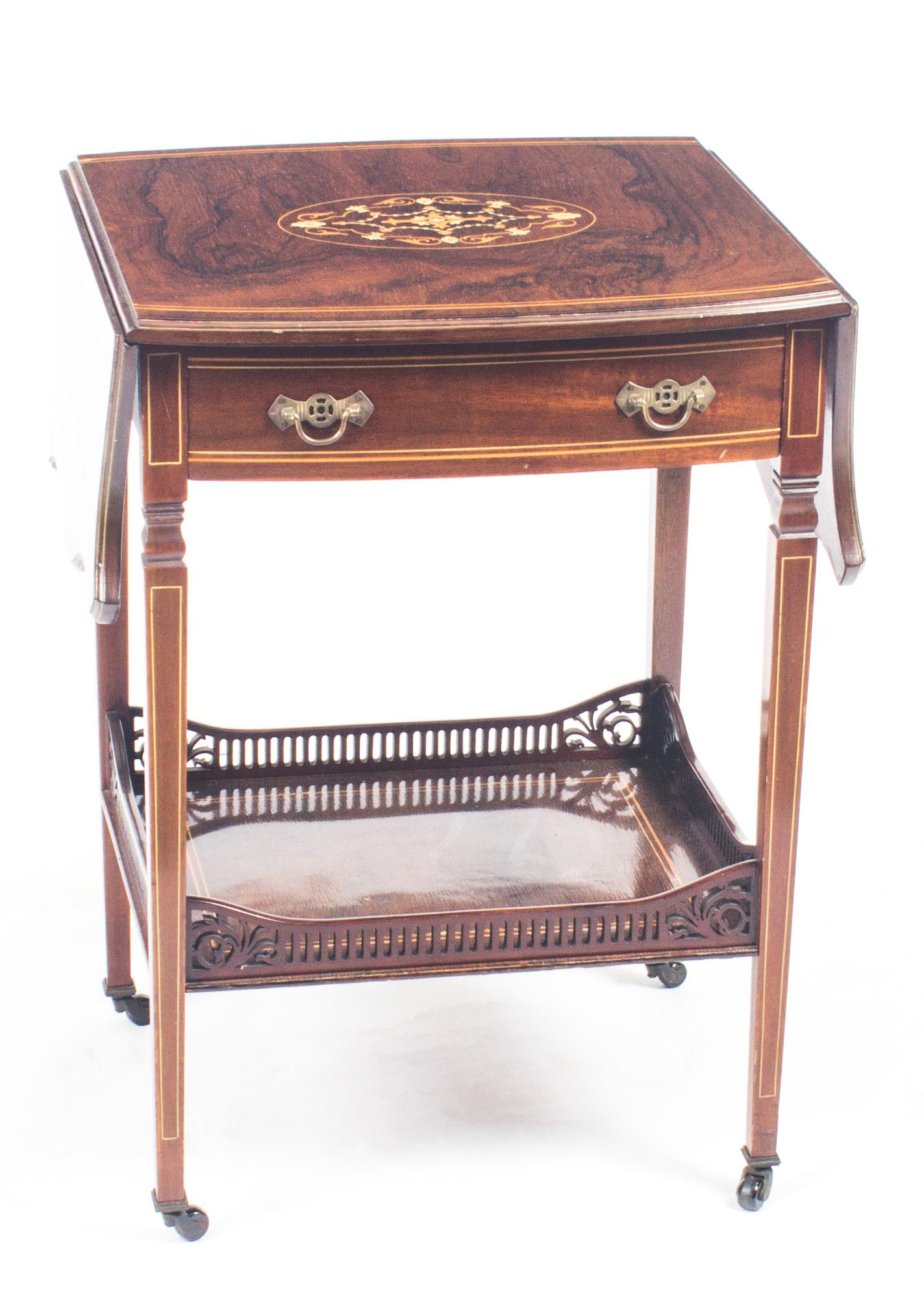 Wood Antique Pair of English Marquetry Inlaid Occasional Bedside Tables, 19th Century