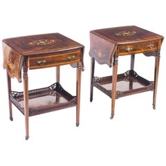 Antique Pair of English Marquetry Inlaid Occasional Bedside Tables, 19th Century
