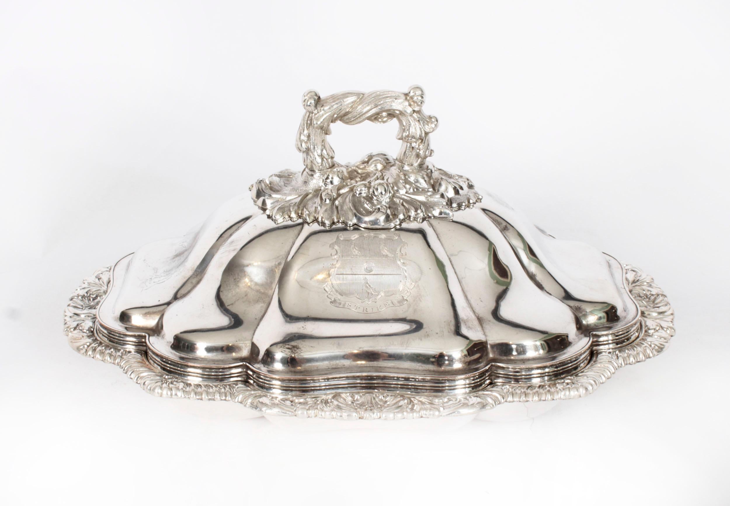 This is an exquisitely high-quality and rare antique pair of English Old Sheffield Plate, silver plated on copper,  domed entree dishes, each with lid and stand, circa 1780 in date.

These stunning shaped oblong entree dishes feature  impressive