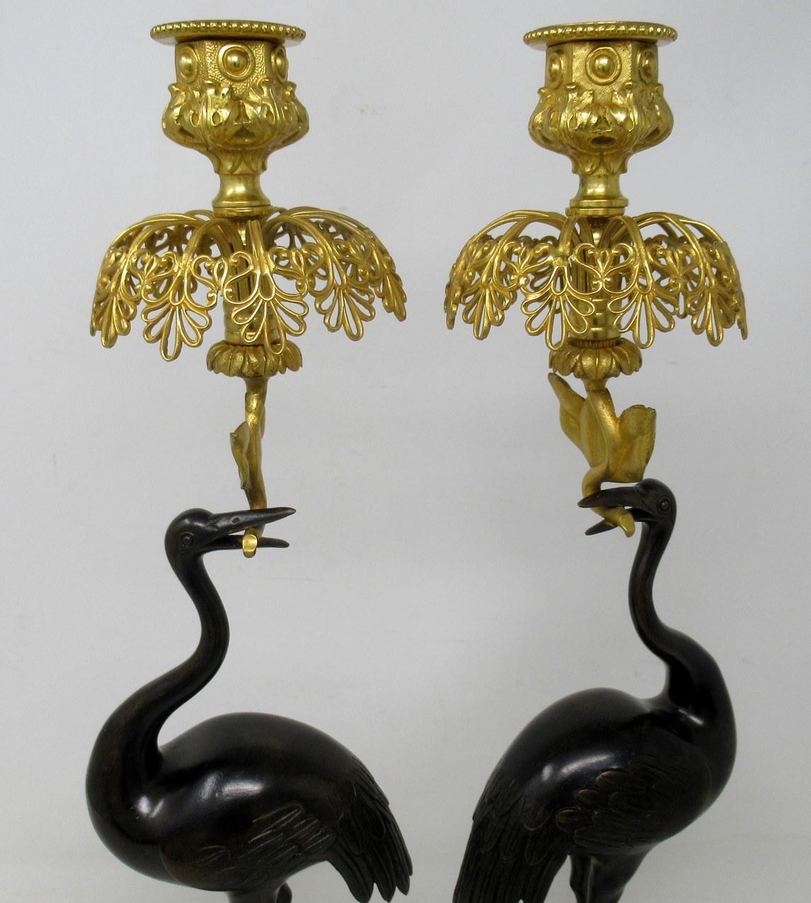Early Victorian Antique Pair of English Ormolu Gilt Bronze Candlesticks Storks Cranes by Abbott