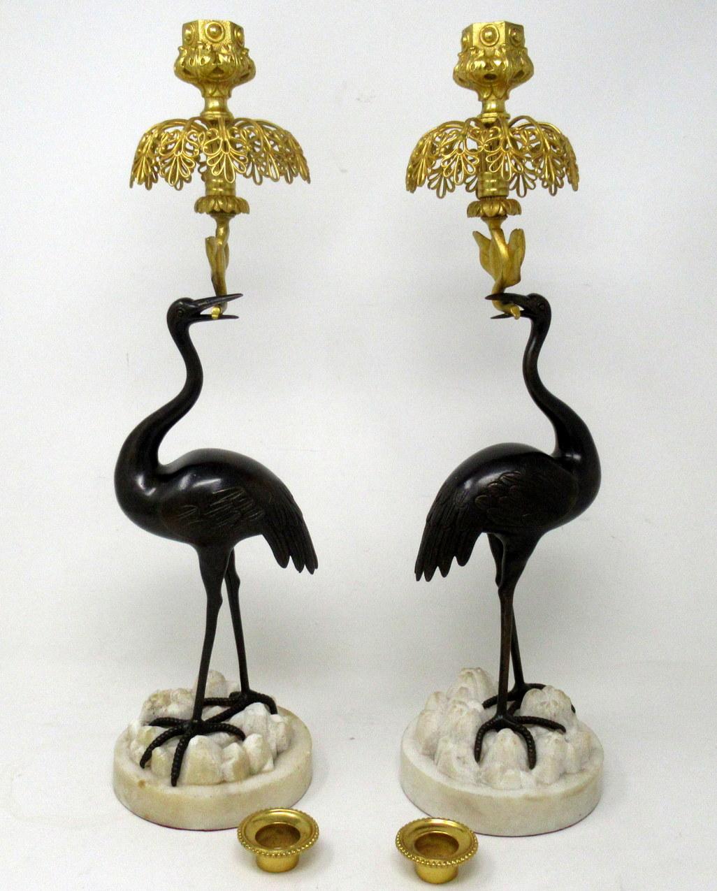 Antique Pair of English Ormolu Gilt Bronze Candlesticks Storks Cranes by Abbott In Good Condition In Dublin, Ireland