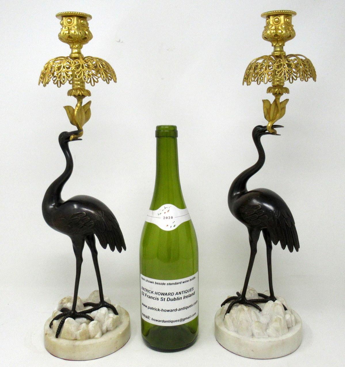 Antique Pair of English Ormolu Gilt Bronze Candlesticks Storks Cranes by Abbott 2