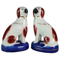 Antique Pair of English Pottery Staffordshire Dogs, Spaniels, circa 1900