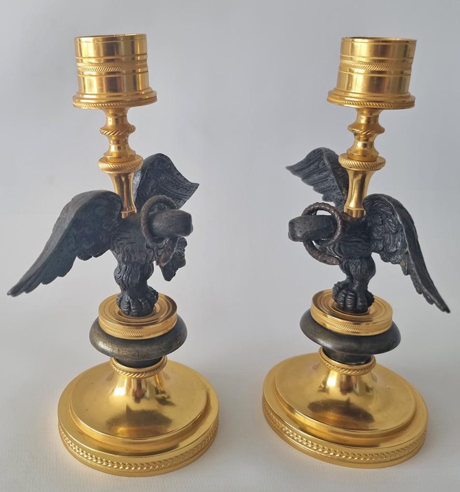 Patinated Antique Pair of English Regency Candlesticks in Form of Eagle with Viper For Sale