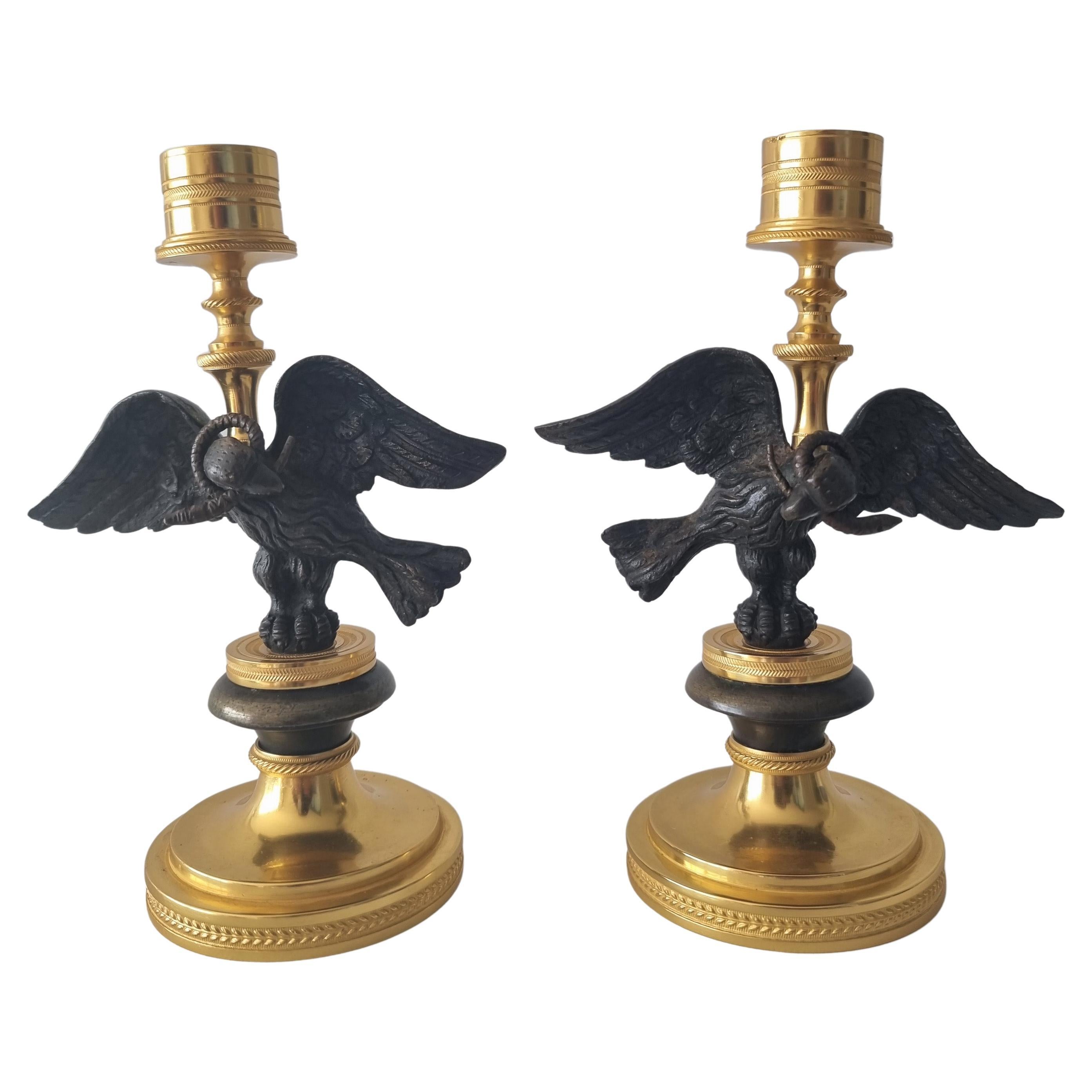 Antique Pair of English Regency Candlesticks in Form of Eagle with Viper For Sale