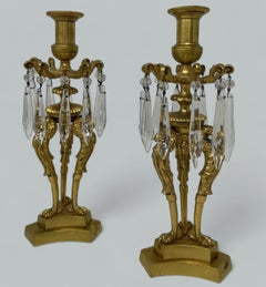 Antique Pair of English Regency Ormolu Bronze Lusters Candlesticks Candelabra