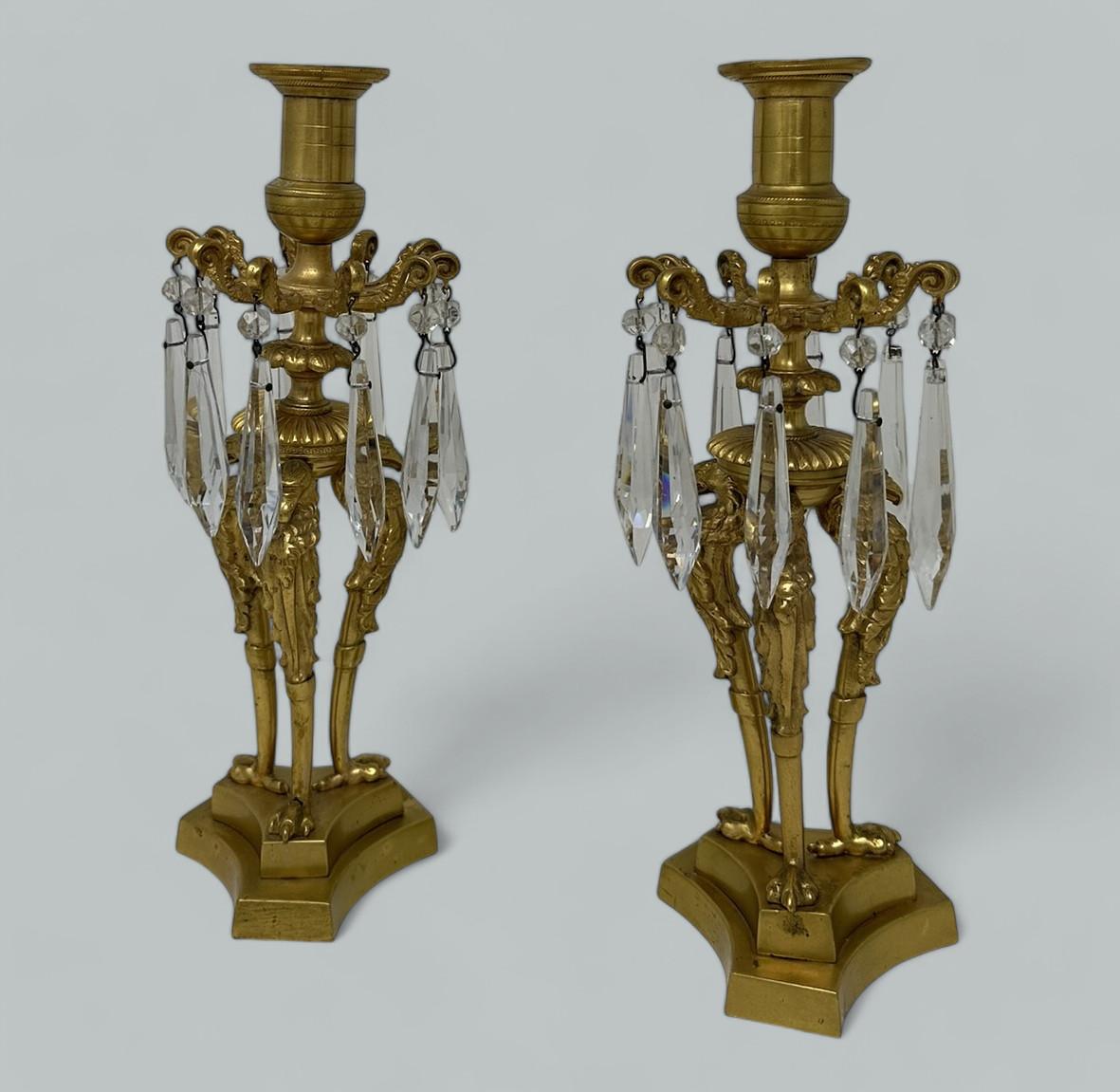 Calco Antica coppia di candelieri inglesi Regency Ormolu Bronze Lusters Candelabro in vendita