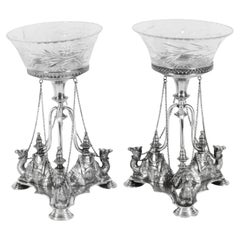 Antique Pair of English Silver Plate Camel Compotes, 19th Century