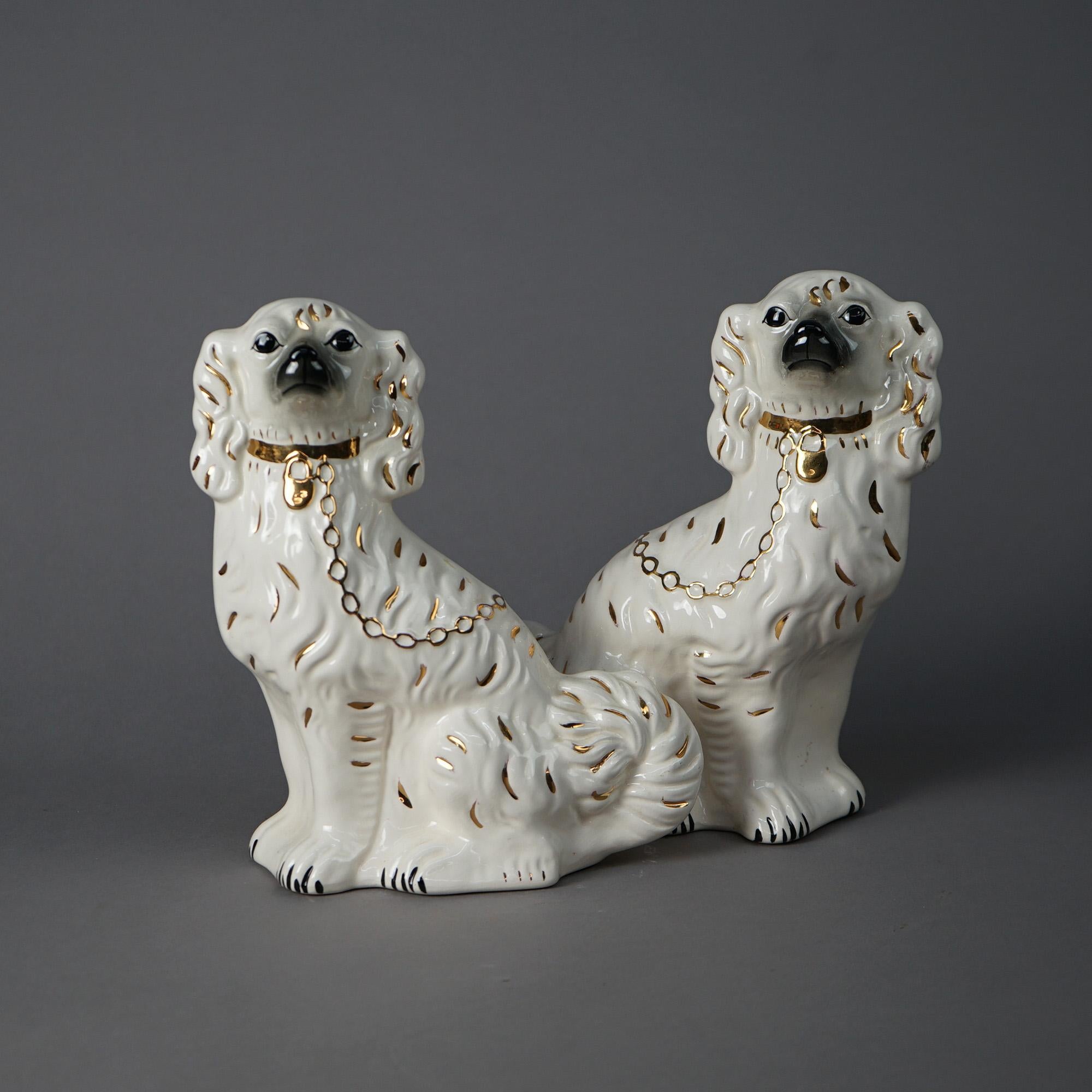 20th Century Antique Pair of English Staffordshire Porcelain Painted & Gilt Spaniels  20thC