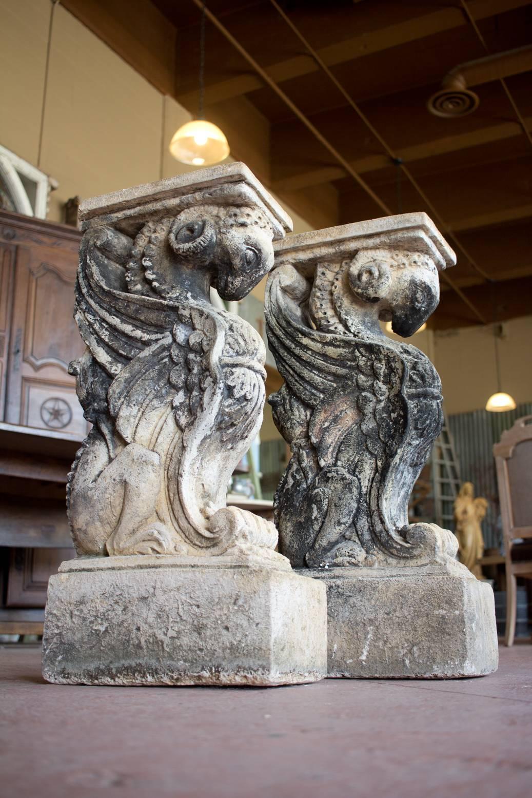 British Antique Pair of English Stone Griffin Supports