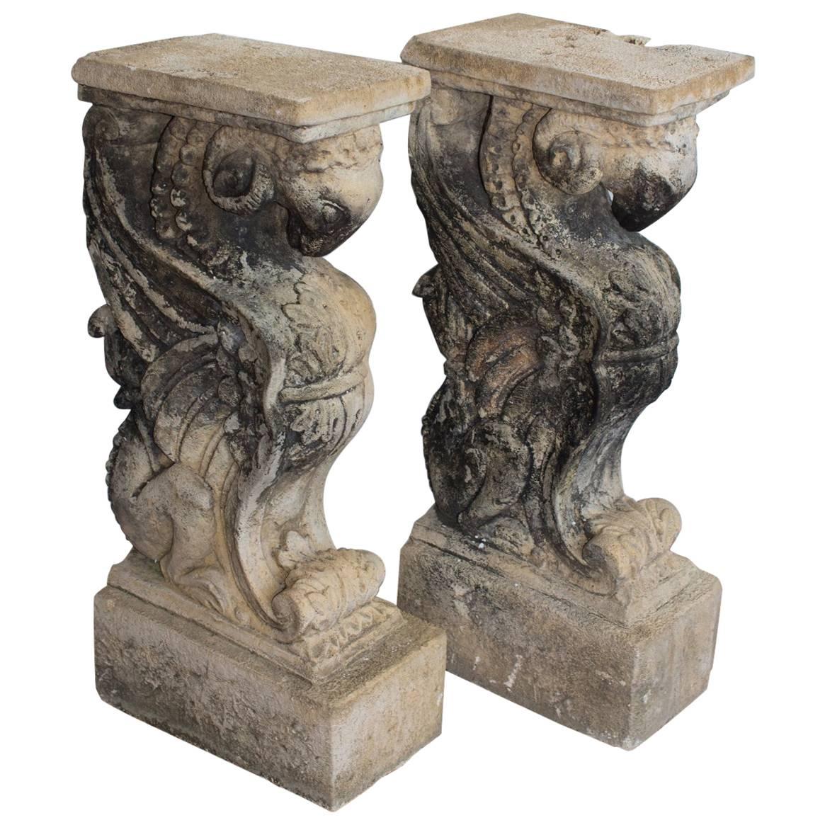 Antique Pair of English Stone Griffin Supports