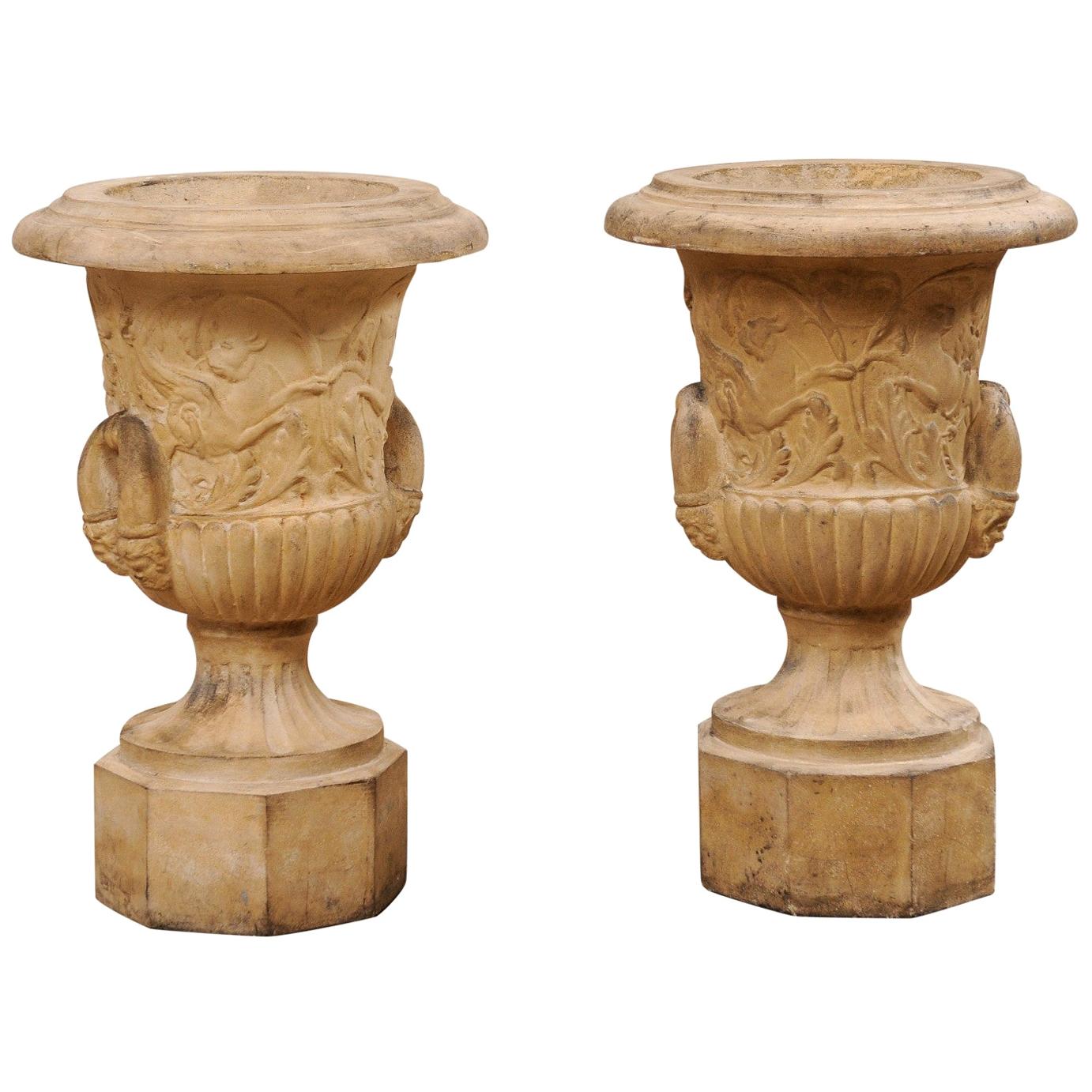 Antique Pair of English Terracotta Urns Adorn in Winged Griffins & Foliage Motif