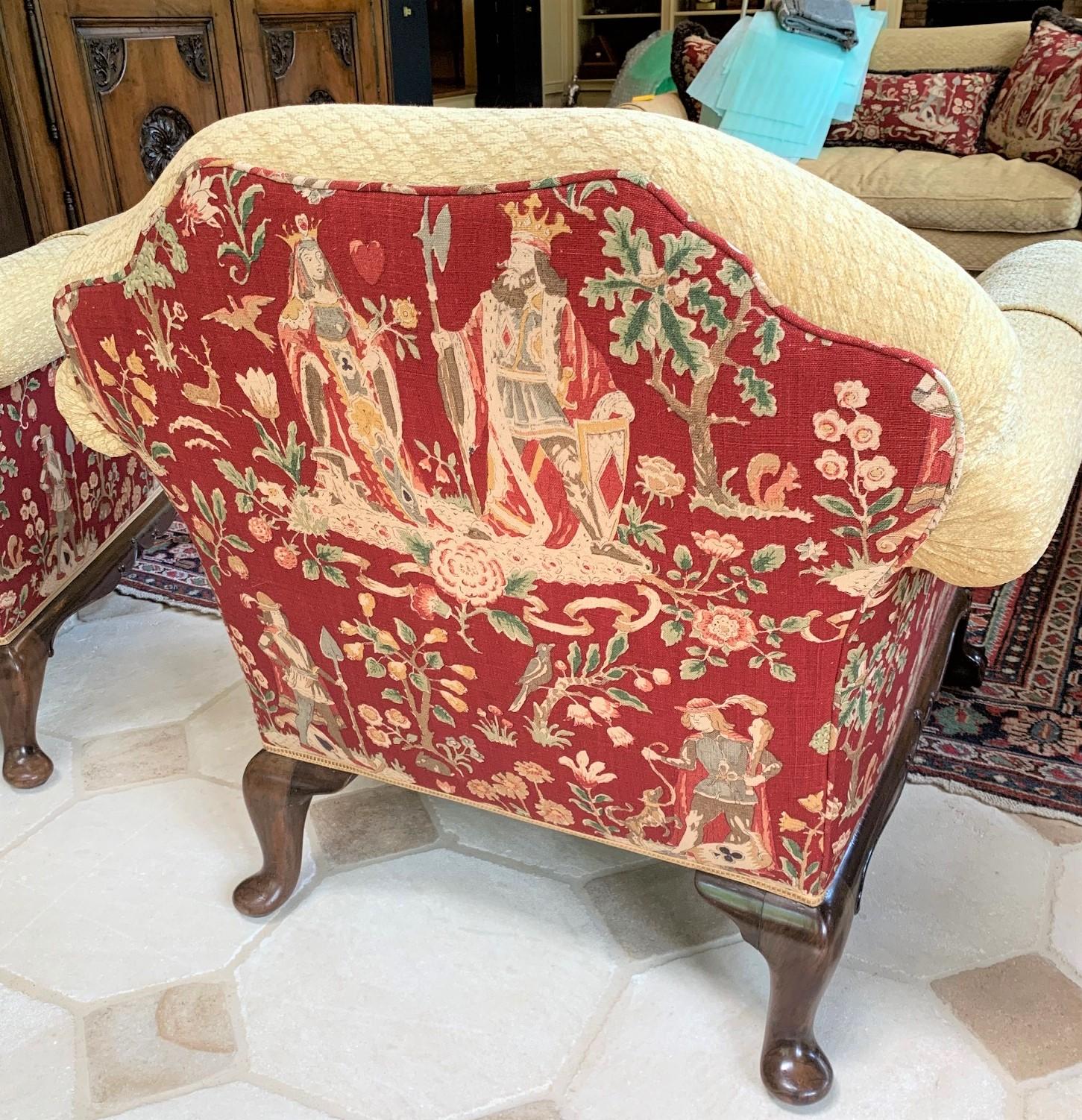 Carved Antique Pair of English Upholstered Club Chairs